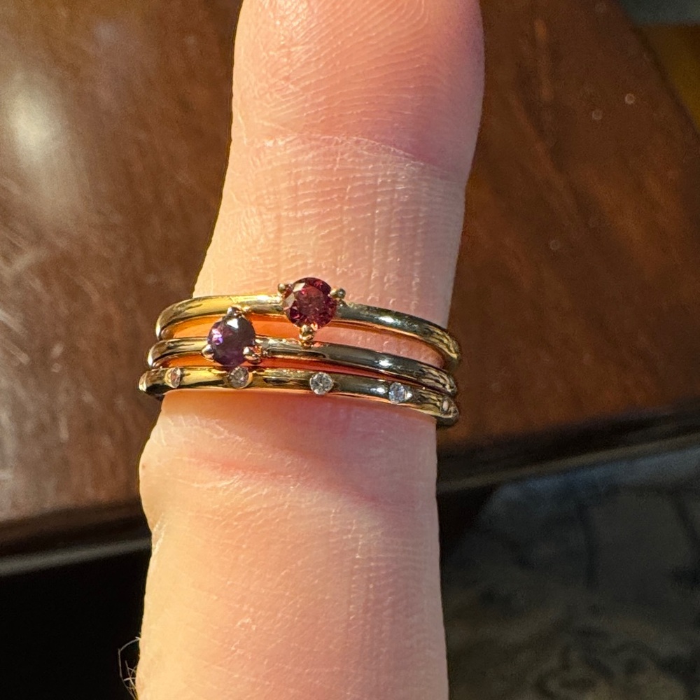 Pandora Stackable Set of 3 Rose Gold and Pink/Purple Stone Ring Set Size 7